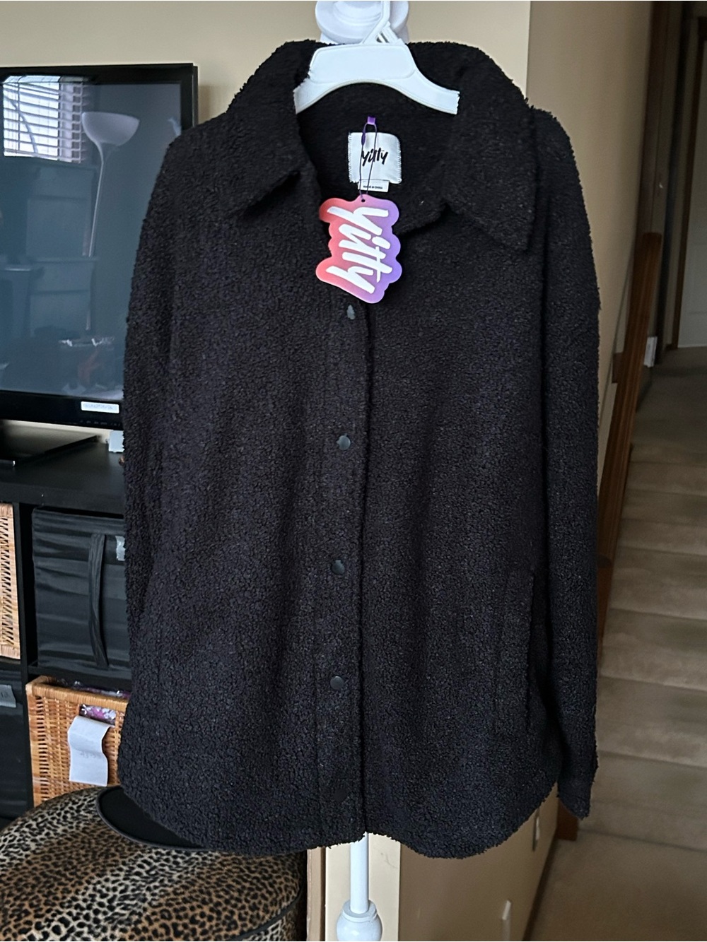 Yitty Women's Black Teddy Button-Up Coat Shacket/ Relaxed/Casual/ Stretch